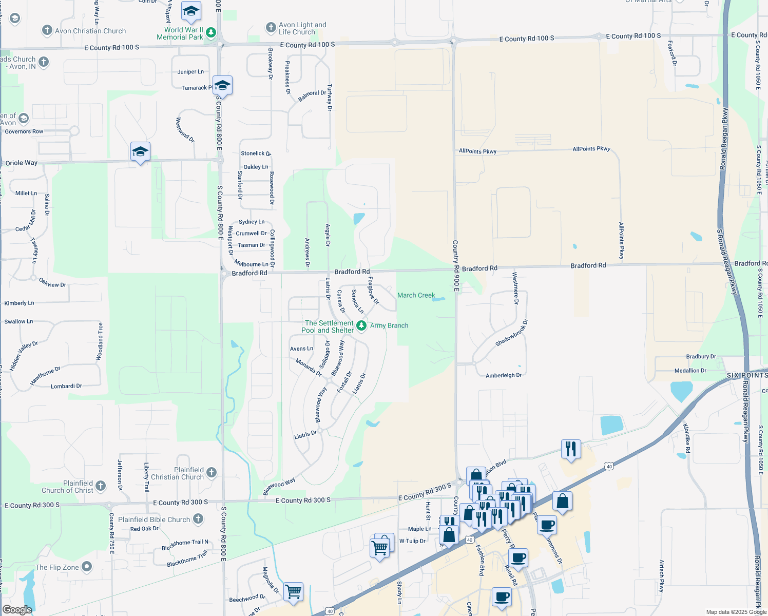 map of restaurants, bars, coffee shops, grocery stores, and more near 2174 Foxglove Drive in Plainfield