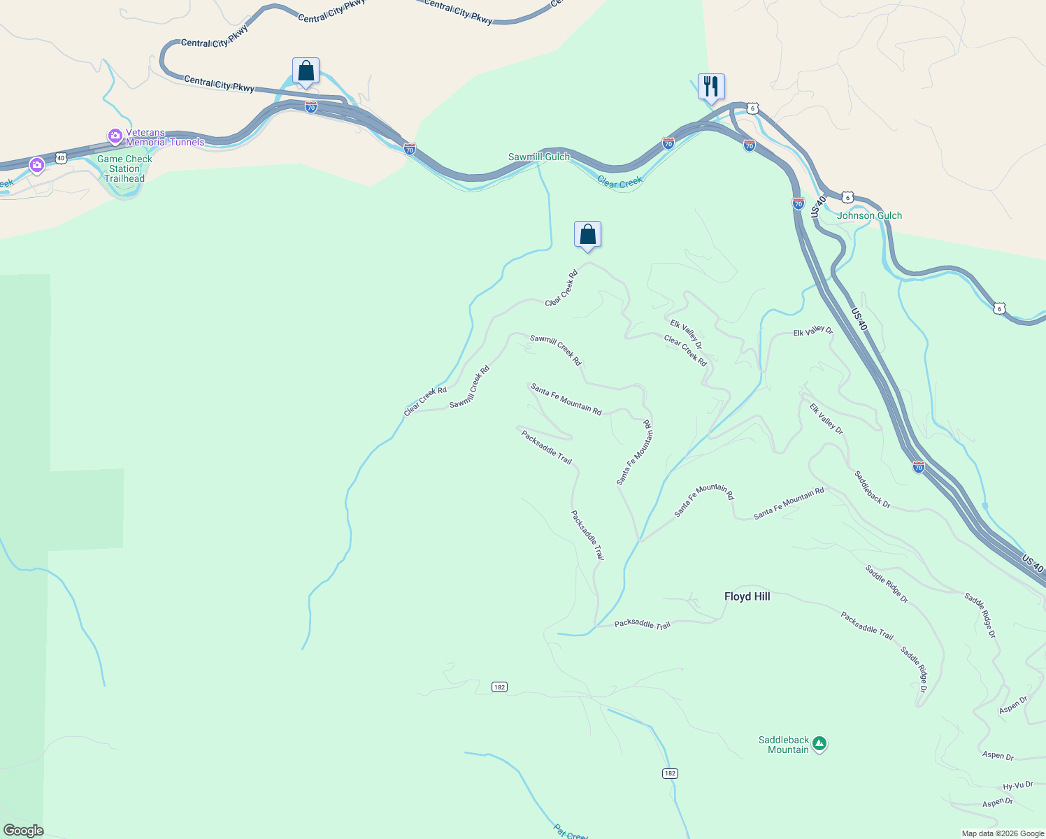 map of restaurants, bars, coffee shops, grocery stores, and more near 2080 Santa Fe Mountain Road in Evergreen