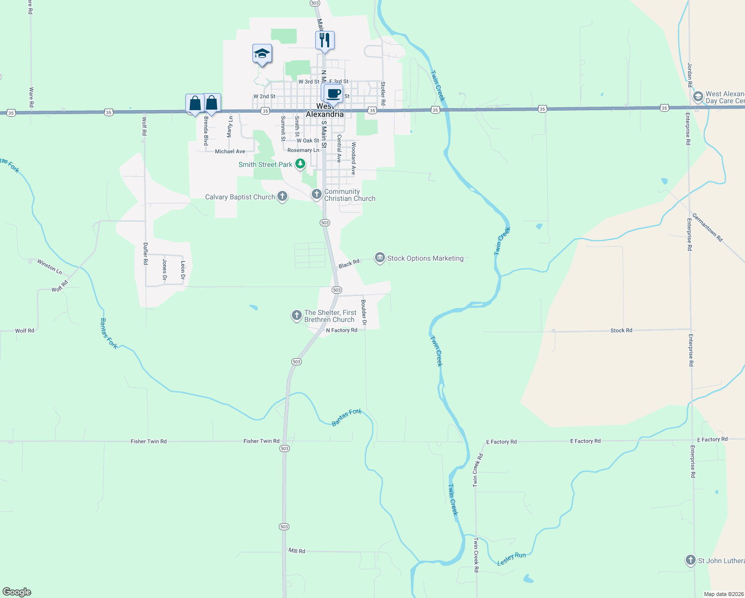 map of restaurants, bars, coffee shops, grocery stores, and more near 1112 Stone Drive in West Alexandria