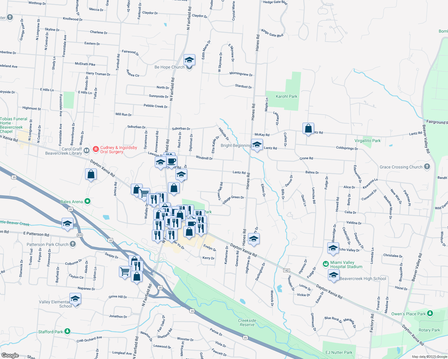 map of restaurants, bars, coffee shops, grocery stores, and more near 1474 Town Hall Road in Dayton