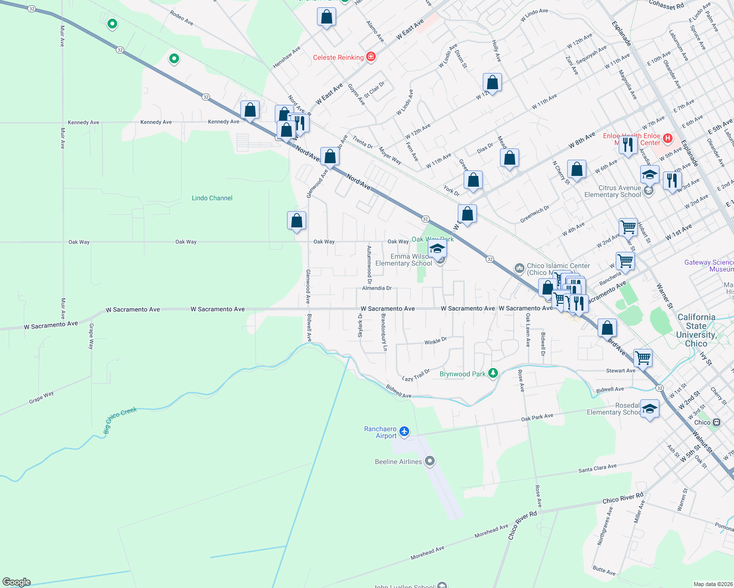 map of restaurants, bars, coffee shops, grocery stores, and more near 1037 Autumnwood Court in Chico