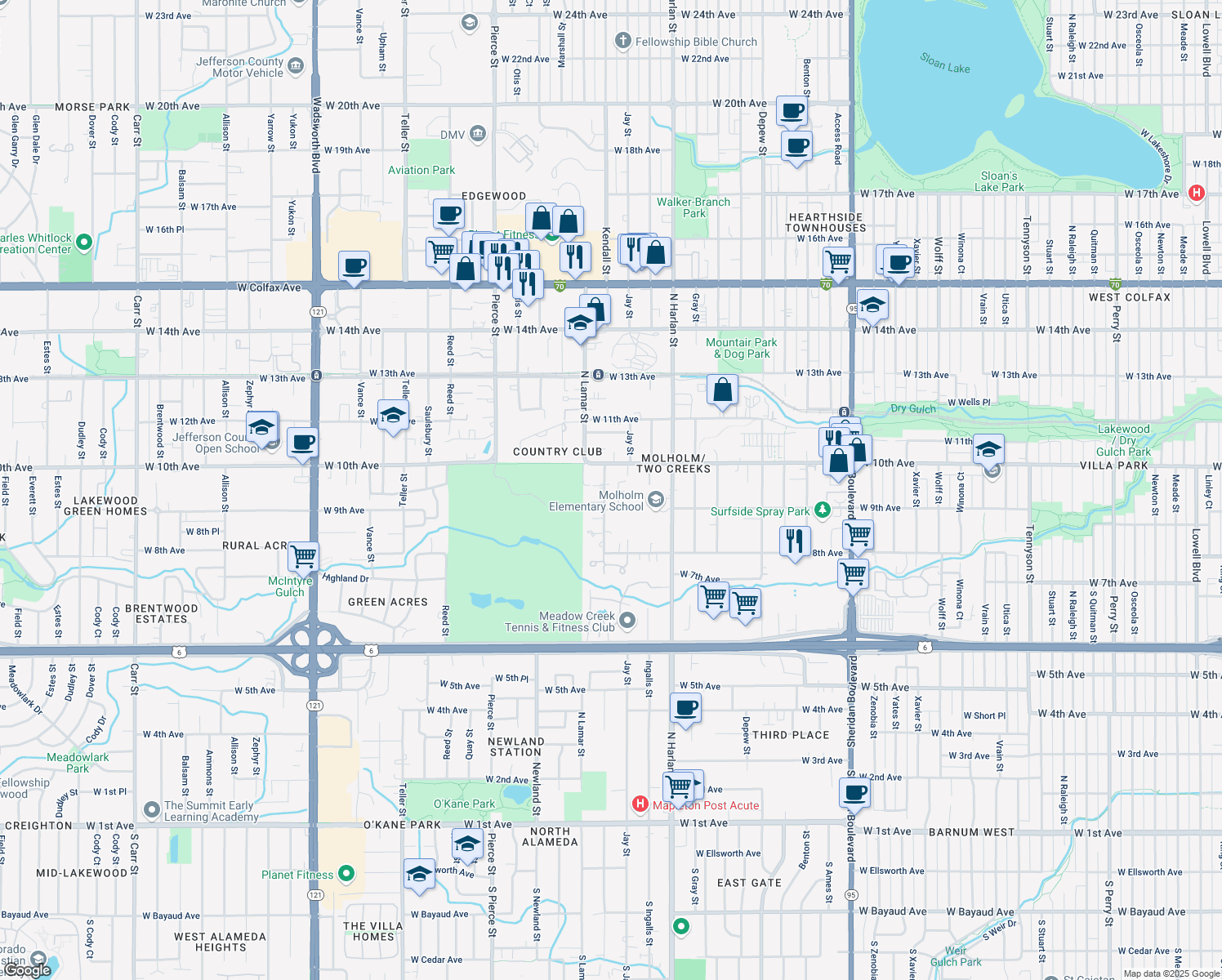 map of restaurants, bars, coffee shops, grocery stores, and more near 930 Kendall Street in Lakewood