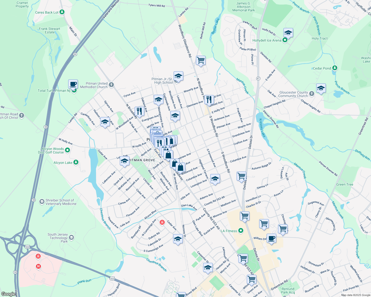 map of restaurants, bars, coffee shops, grocery stores, and more near 124 Morris Avenue in Pitman