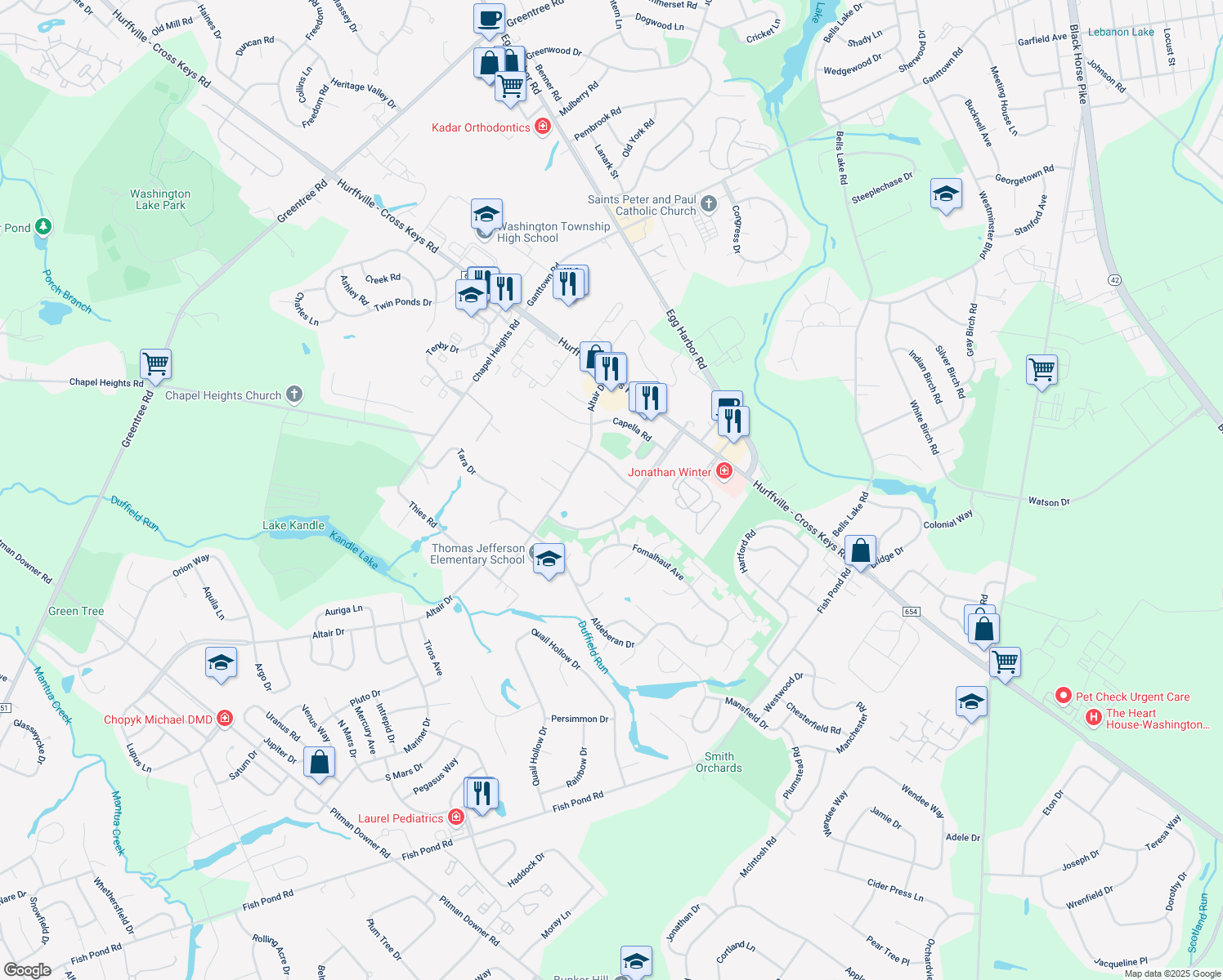 map of restaurants, bars, coffee shops, grocery stores, and more near 8 Castor Court in Washington Township