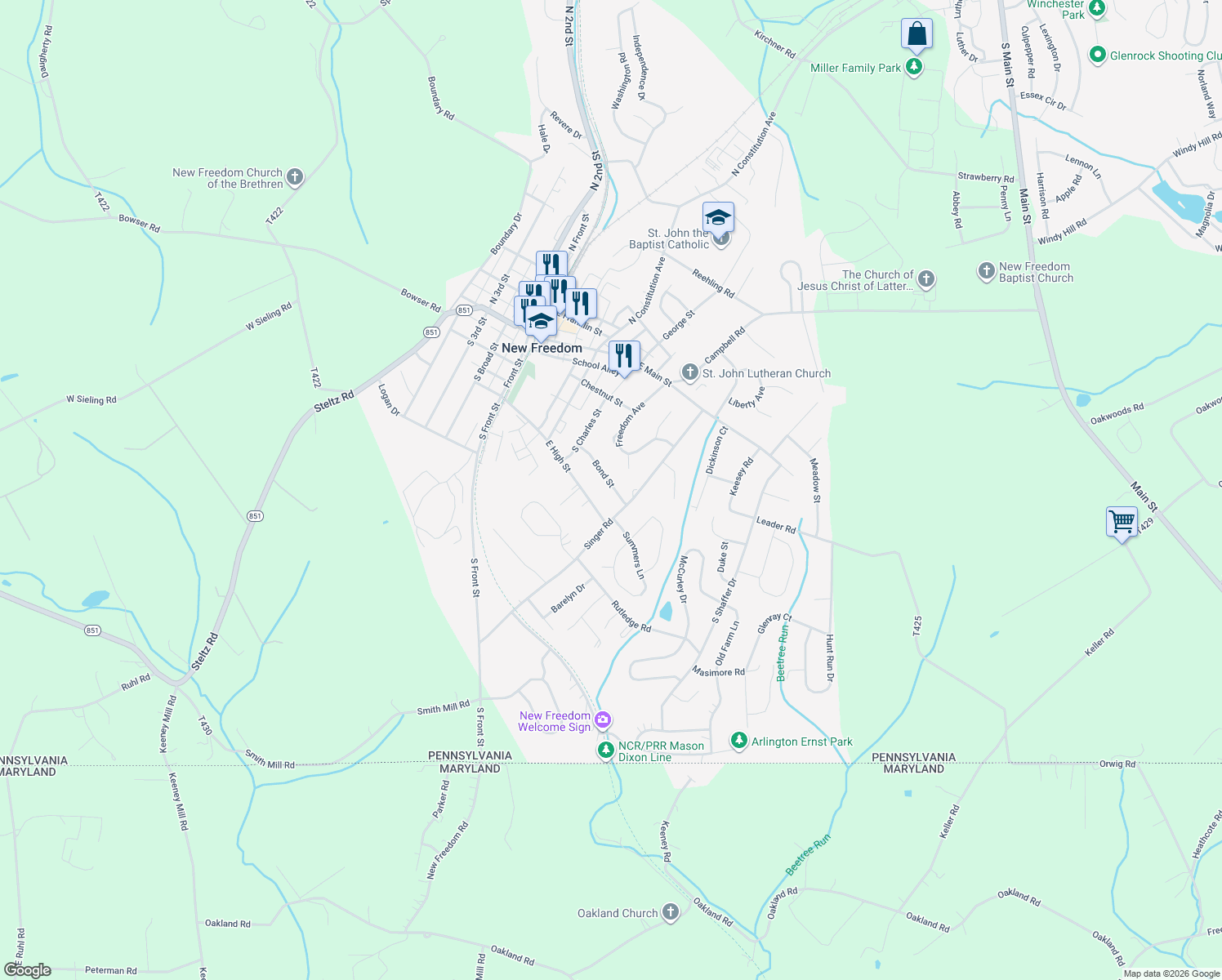 map of restaurants, bars, coffee shops, grocery stores, and more near 154 Bond St in New Freedom