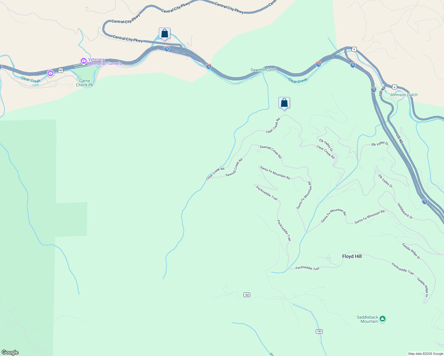 map of restaurants, bars, coffee shops, grocery stores, and more near 2264 Clear Creek Road in Evergreen