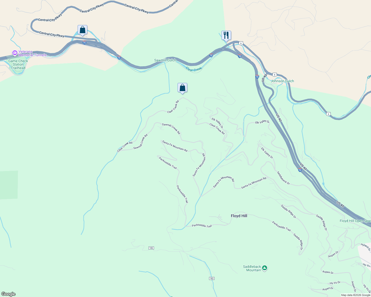 map of restaurants, bars, coffee shops, grocery stores, and more near 1453 Santa Fe Mountain Road in Evergreen