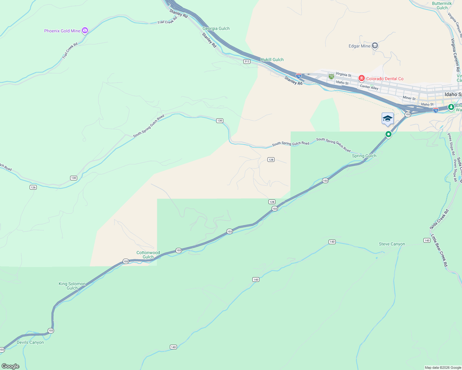 map of restaurants, bars, coffee shops, grocery stores, and more near Fools Gold Rd in Idaho Springs