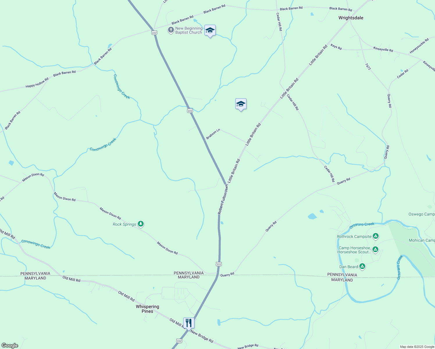 map of restaurants, bars, coffee shops, grocery stores, and more near 2614 Robert Fulton Highway in Peach Bottom