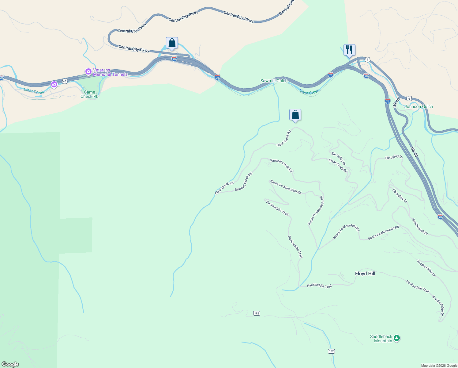 map of restaurants, bars, coffee shops, grocery stores, and more near 2264 Clear Creek Road in Evergreen