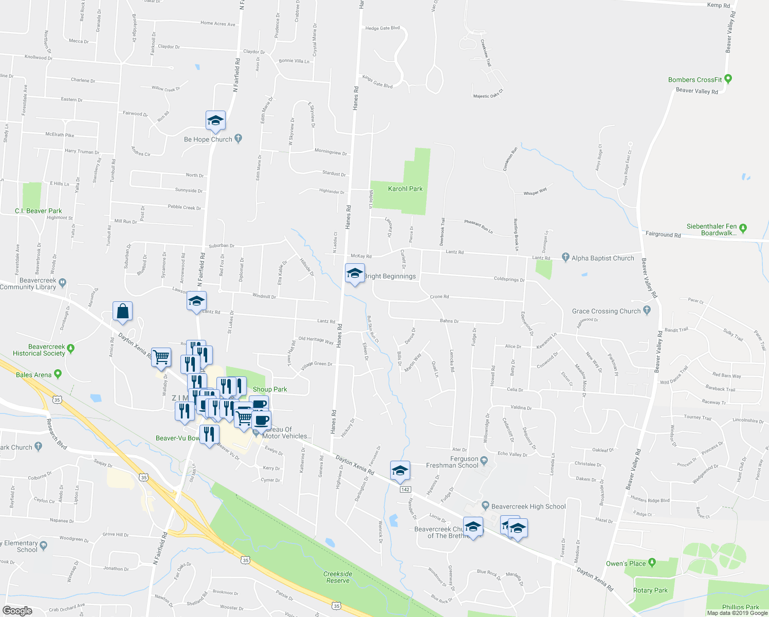 map of restaurants, bars, coffee shops, grocery stores, and more near 2911 Bahns Drive in Dayton