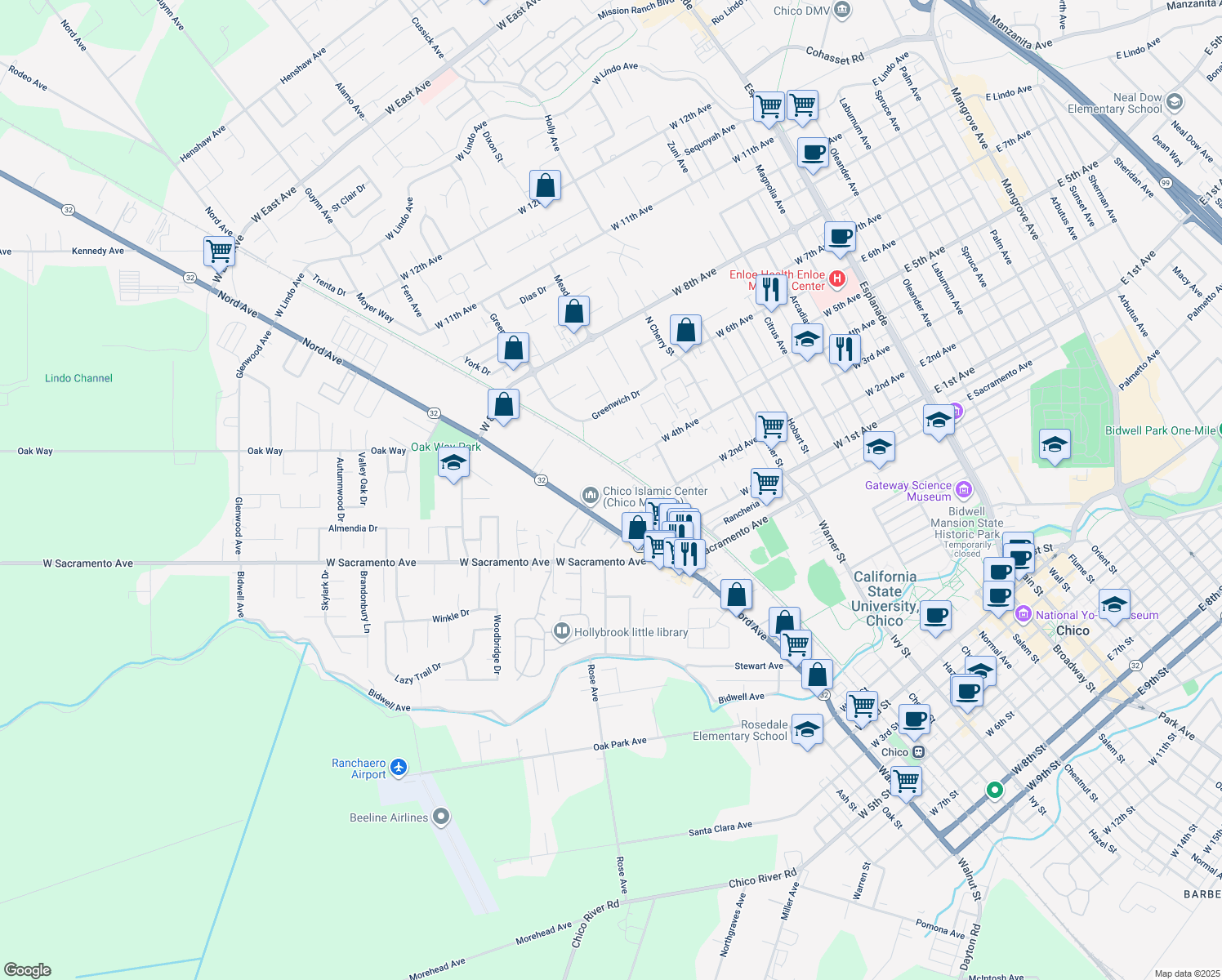 map of restaurants, bars, coffee shops, grocery stores, and more near 1300 Nord Avenue in Chico