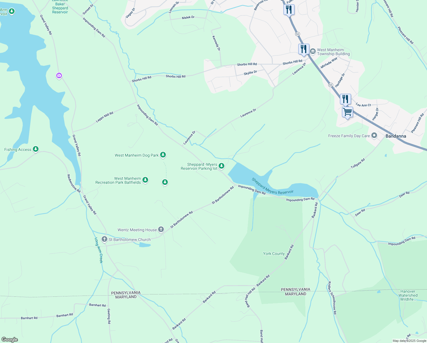 map of restaurants, bars, coffee shops, grocery stores, and more near 1235 Impounding Dam Road in Hanover
