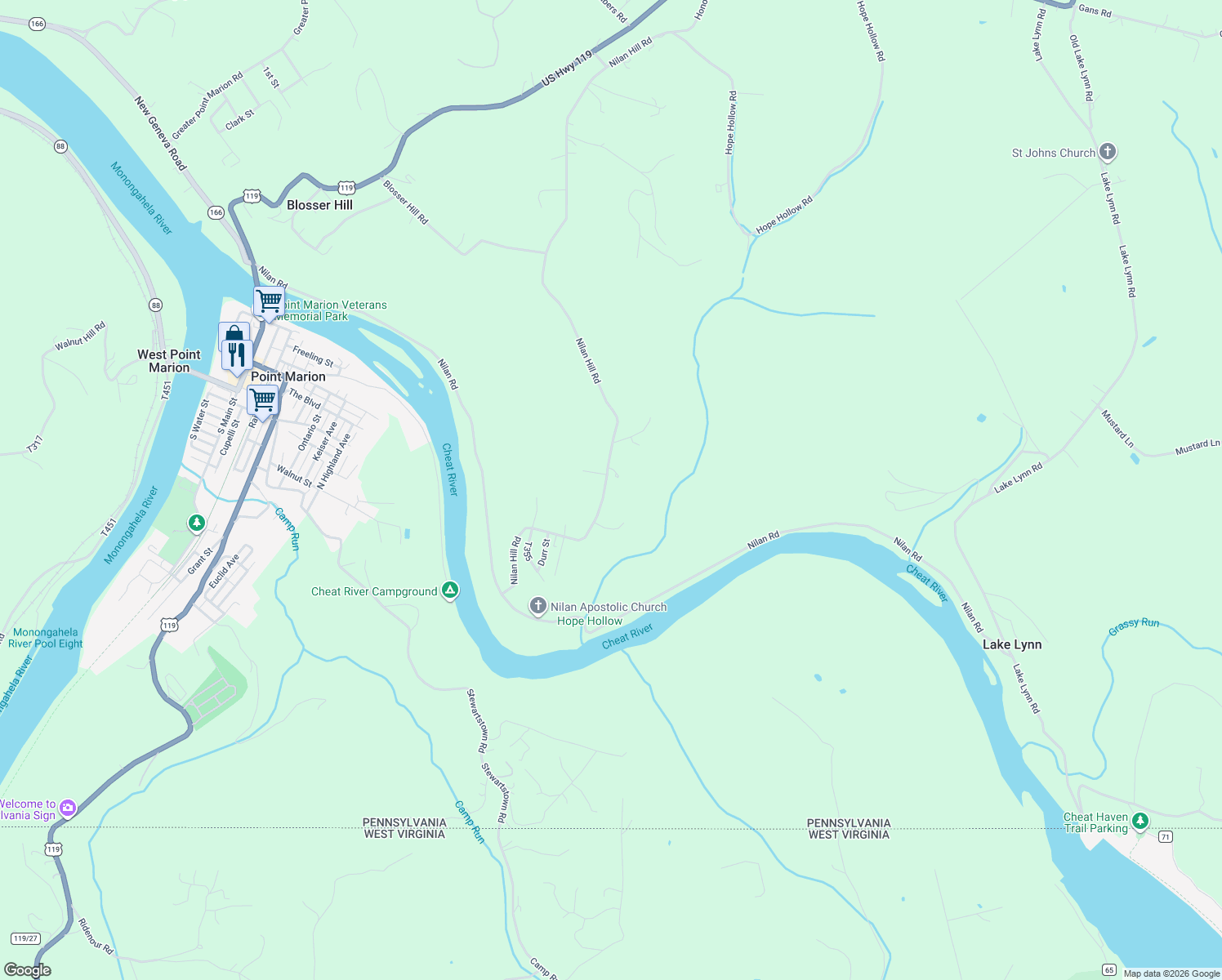 map of restaurants, bars, coffee shops, grocery stores, and more near 207 Nilan Hill Road in Point Marion