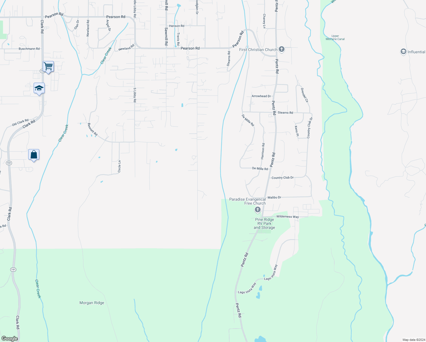 map of restaurants, bars, coffee shops, grocery stores, and more near 5128 Edgewood Lane in Paradise