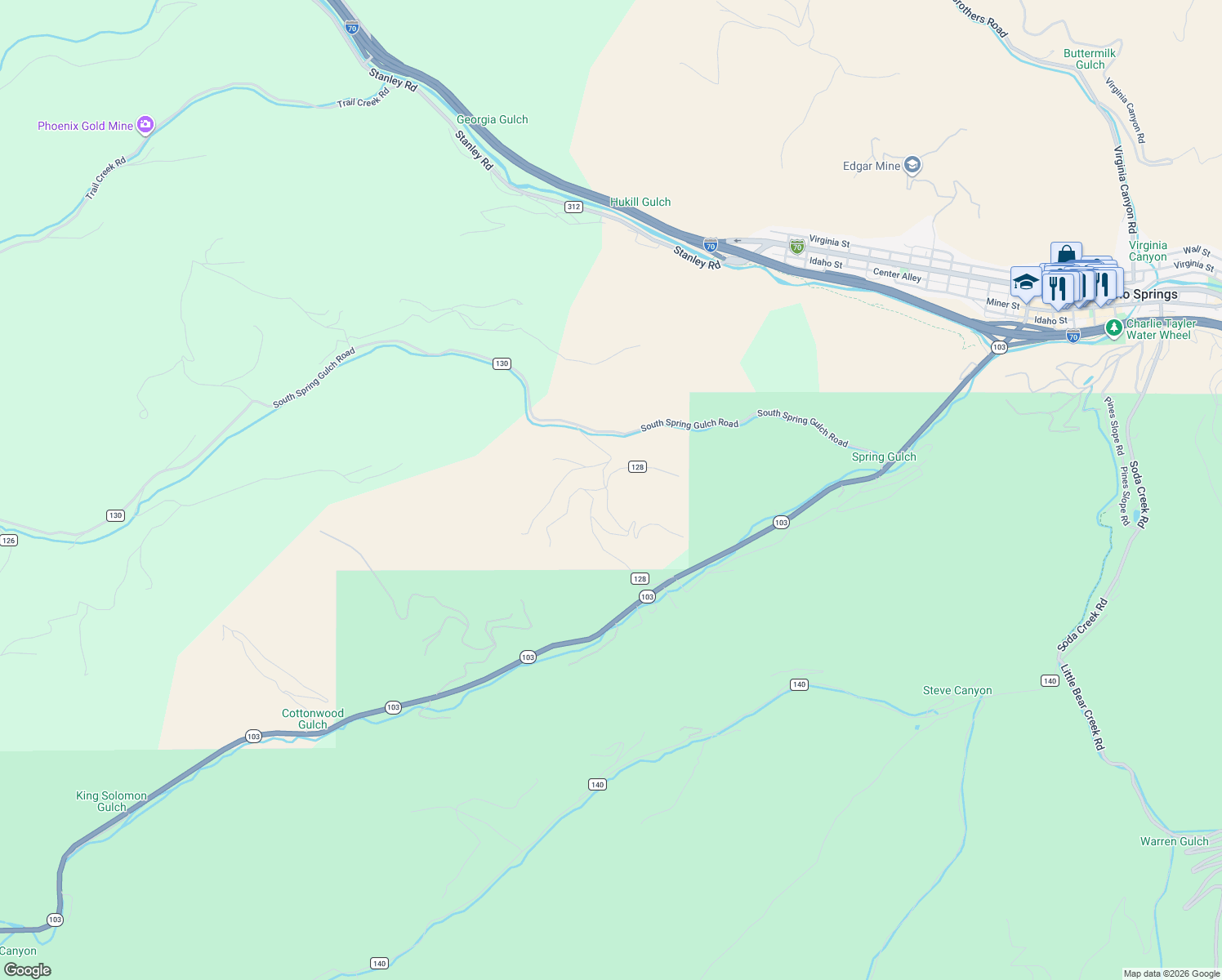 map of restaurants, bars, coffee shops, grocery stores, and more near Skyline Drive in Idaho Springs