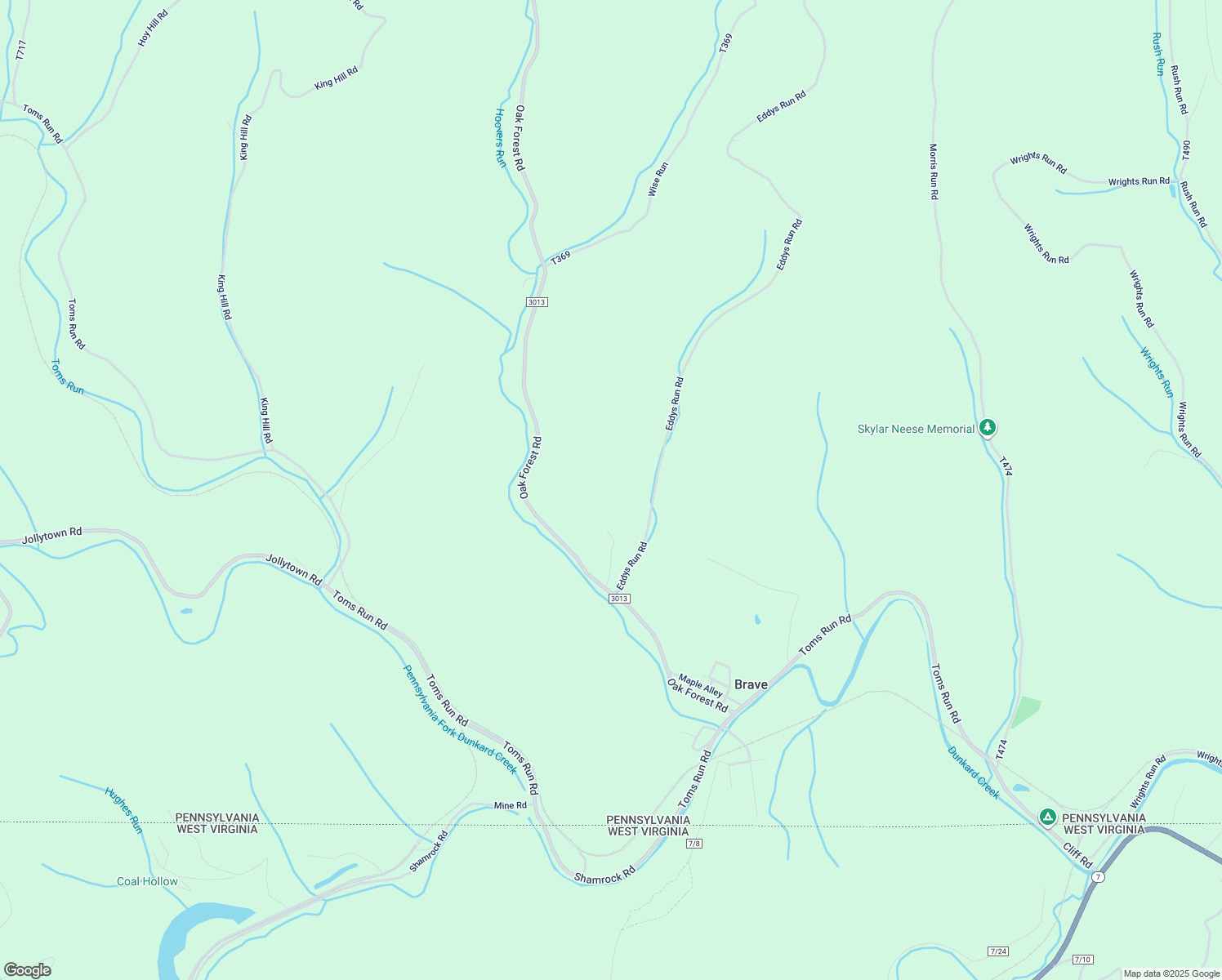 map of restaurants, bars, coffee shops, grocery stores, and more near 183 Eddys Run Road in Spraggs