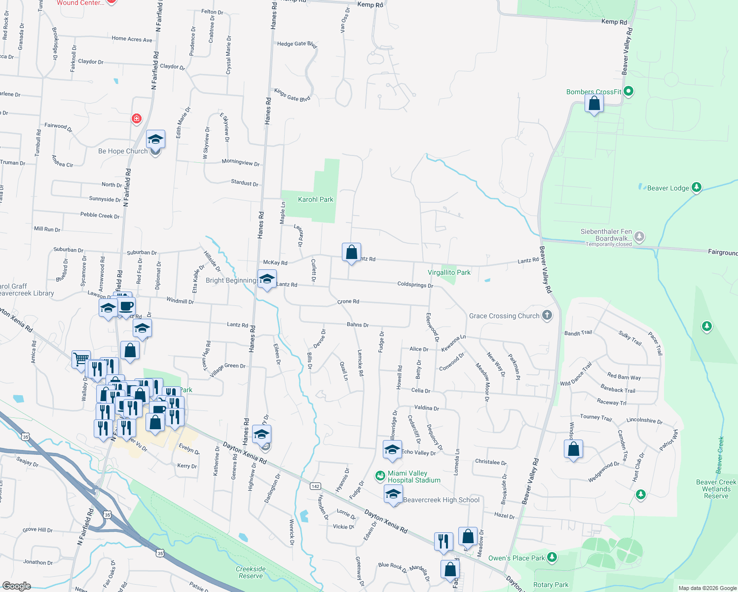 map of restaurants, bars, coffee shops, grocery stores, and more near 2740 Crone Rd in Dayton