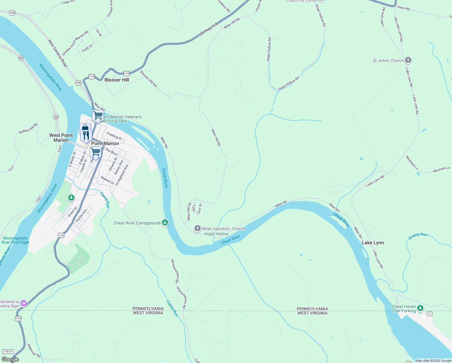 map of restaurants, bars, coffee shops, grocery stores, and more near 207 Nilan Hill Road in Point Marion