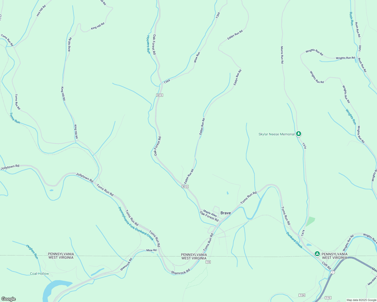 map of restaurants, bars, coffee shops, grocery stores, and more near 183 Eddys Run Road in Spraggs