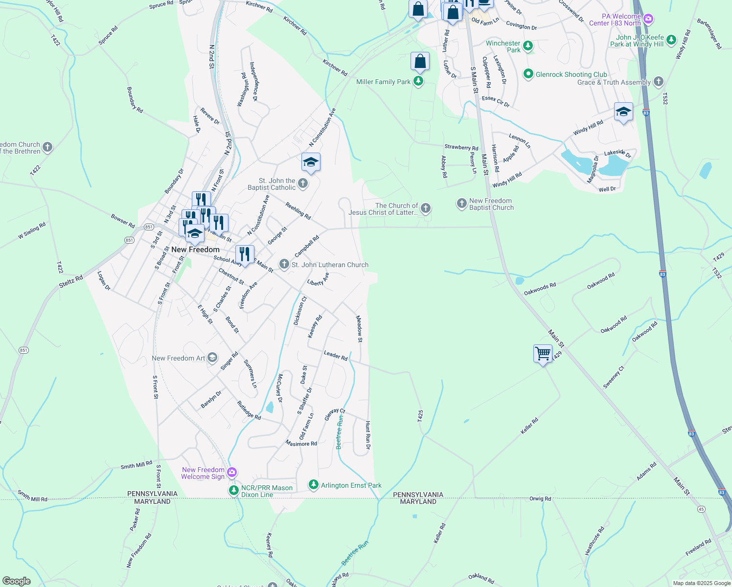 map of restaurants, bars, coffee shops, grocery stores, and more near 7 Crawford Ct in New Freedom