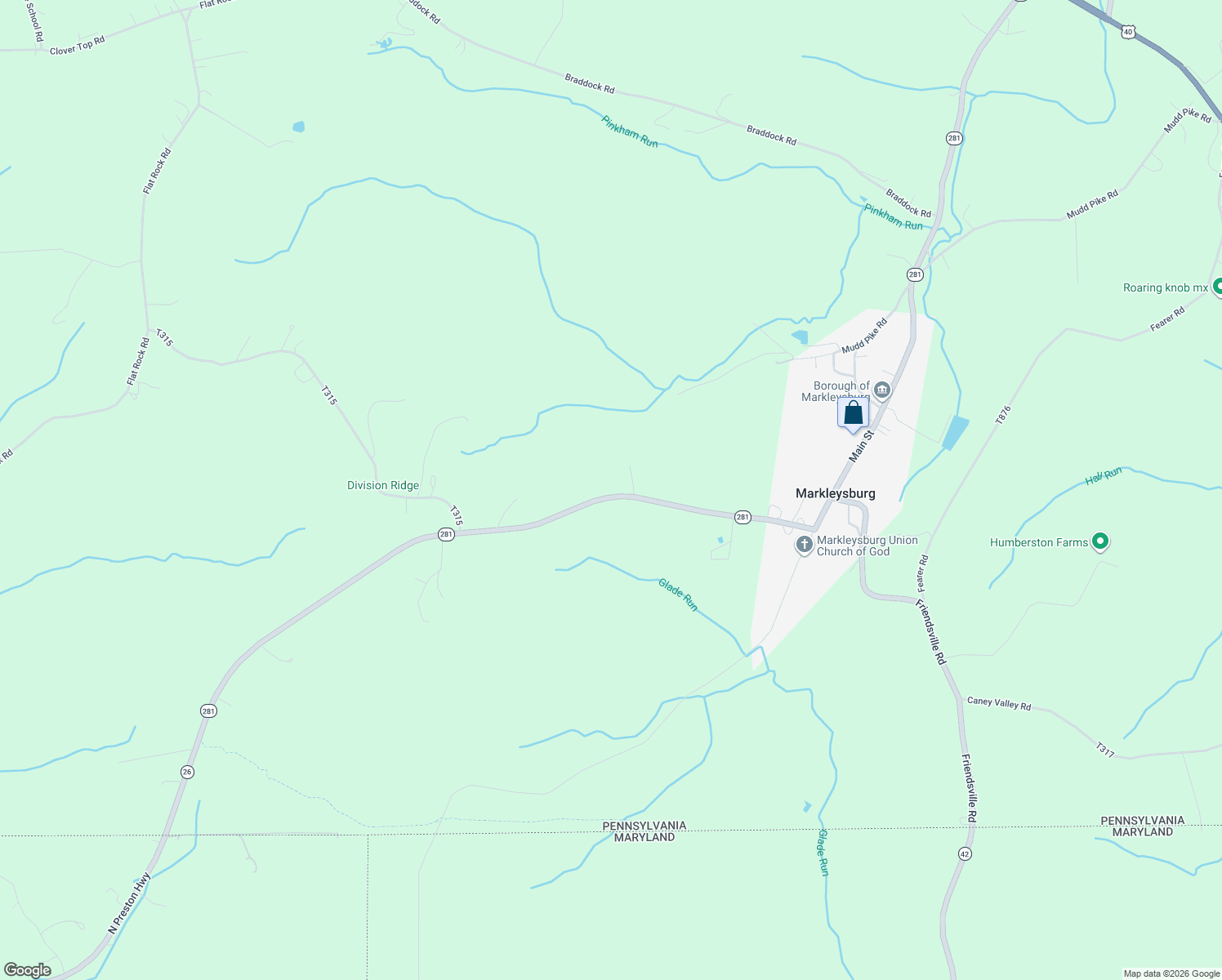 map of restaurants, bars, coffee shops, grocery stores, and more near 434 Bruceton Road in Markleysburg