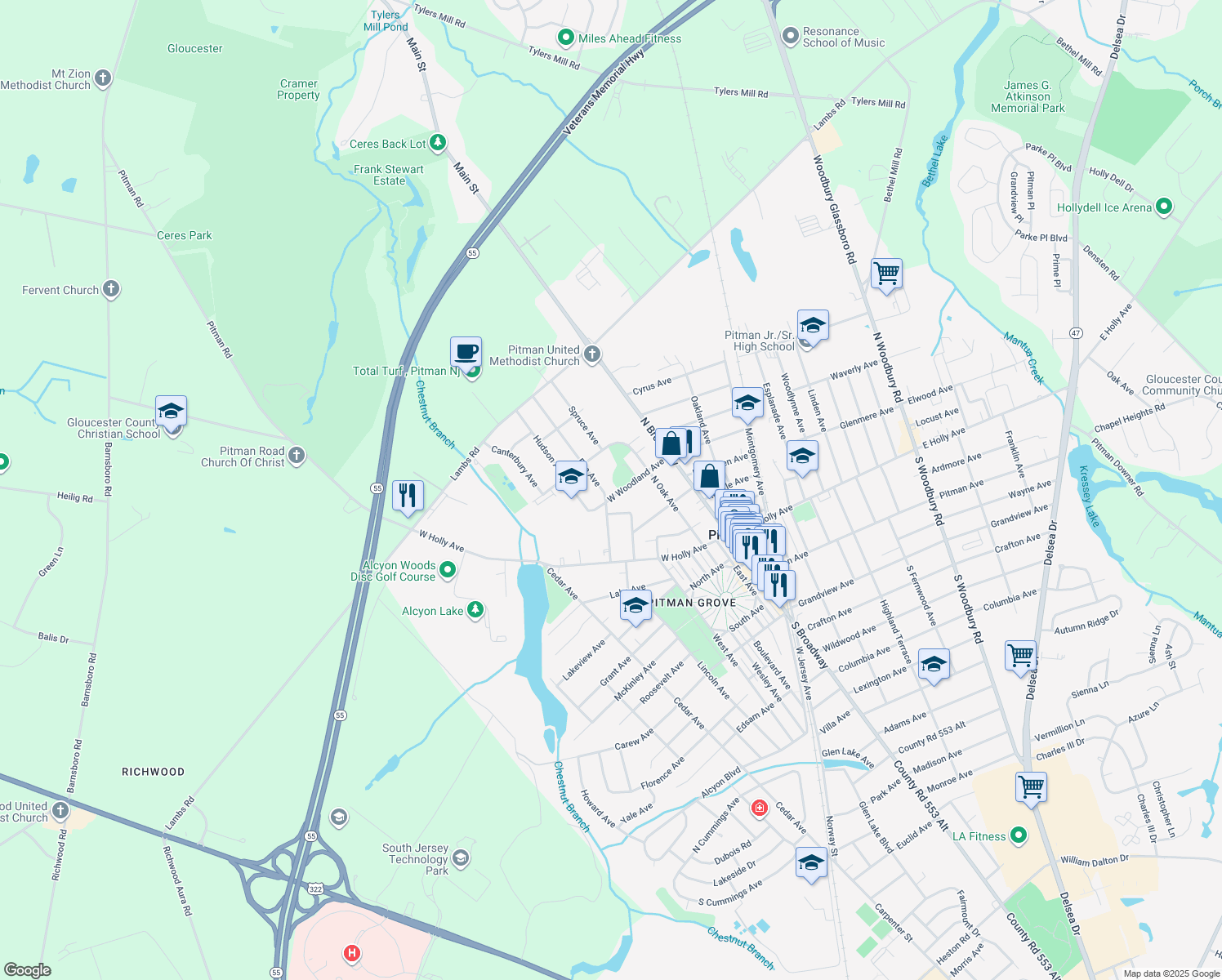 map of restaurants, bars, coffee shops, grocery stores, and more near 401 Elm Ave in Pitman