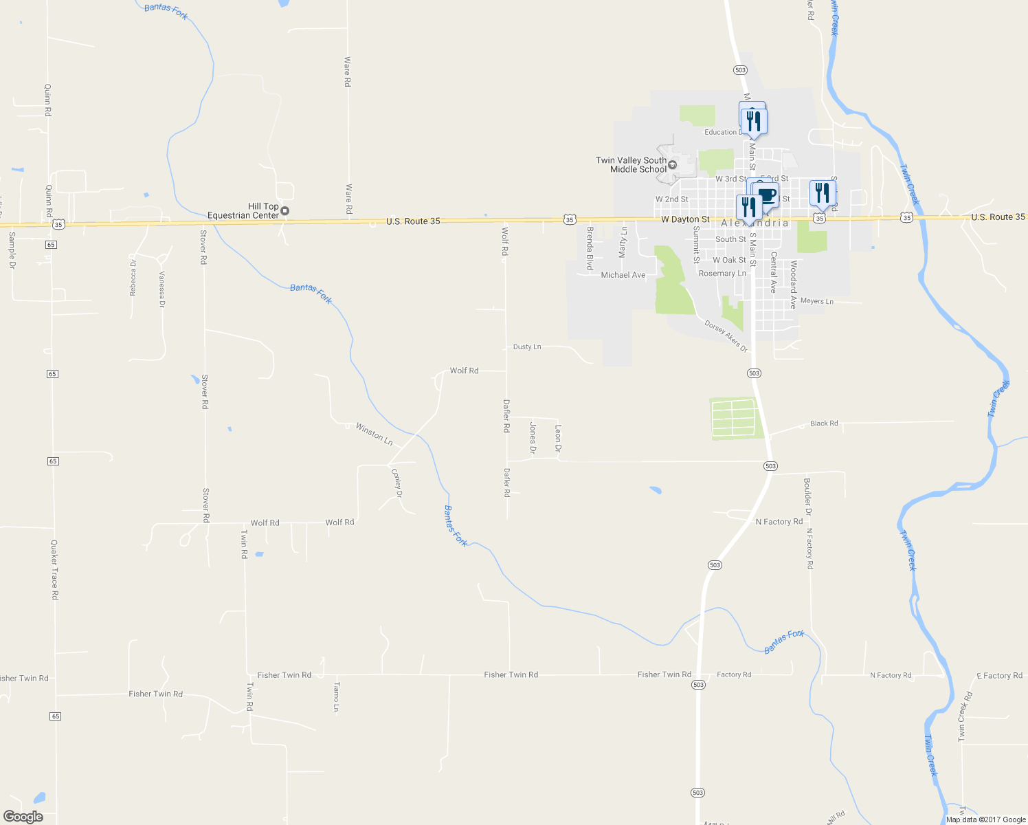 map of restaurants, bars, coffee shops, grocery stores, and more near 1120 Dafler Road in West Alexandria