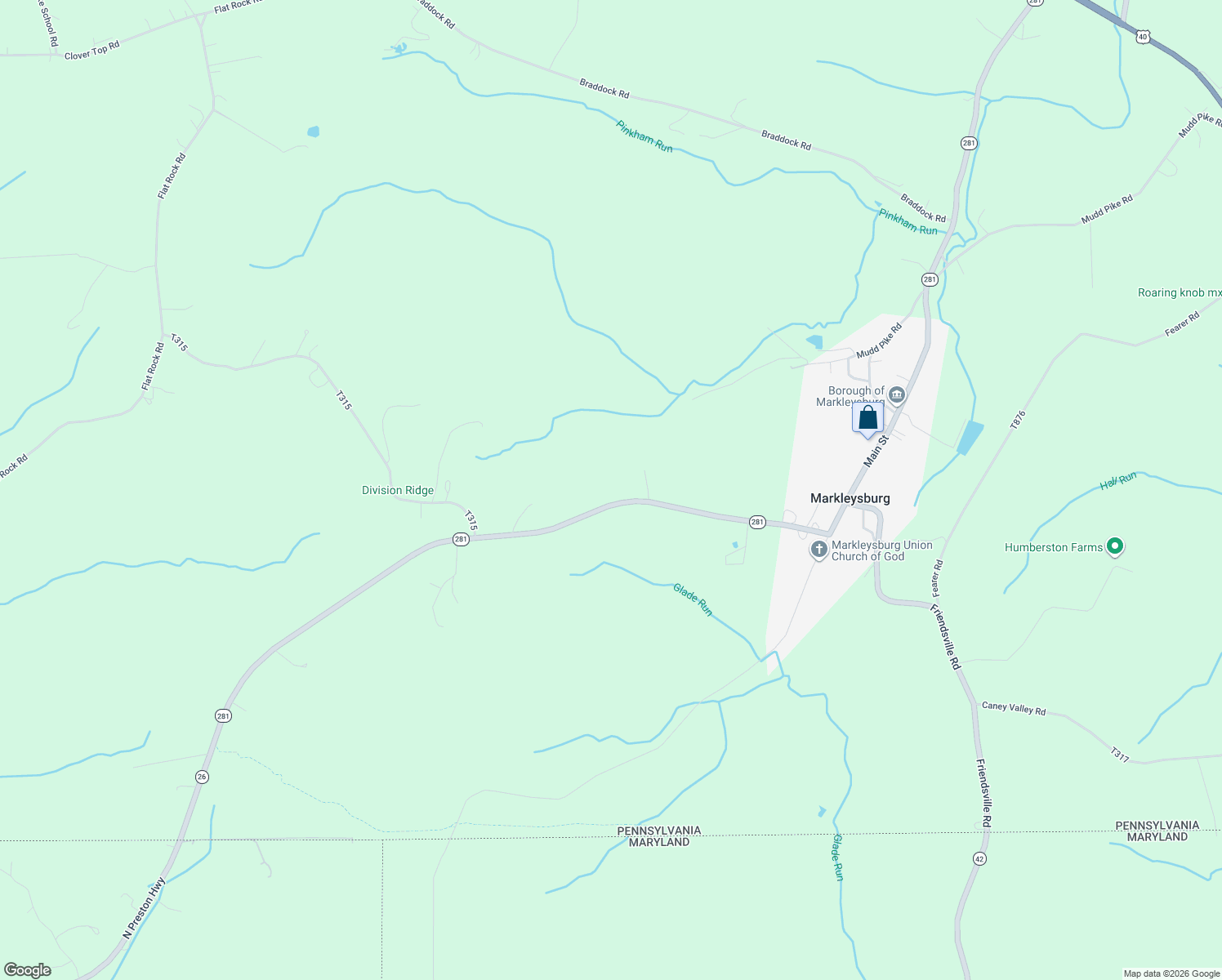 map of restaurants, bars, coffee shops, grocery stores, and more near 434 Bruceton Road in Markleysburg