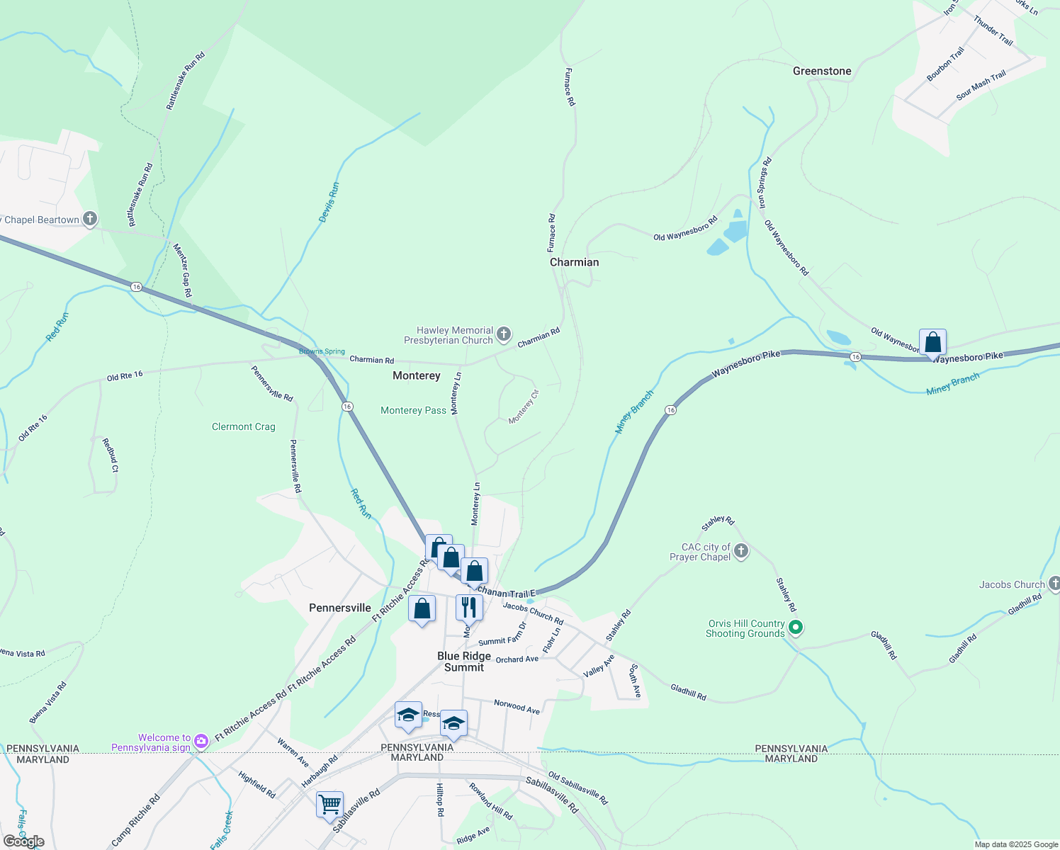 map of restaurants, bars, coffee shops, grocery stores, and more near 12488 Monterey Circle in Blue Ridge Summit