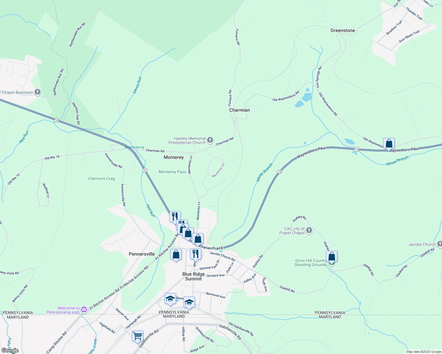 map of restaurants, bars, coffee shops, grocery stores, and more near 12488 Monterey Circle in Blue Ridge Summit