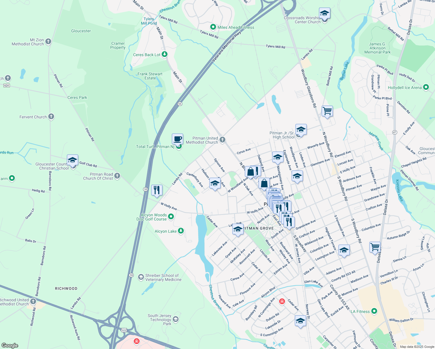 map of restaurants, bars, coffee shops, grocery stores, and more near 503 Elm Avenue in Pitman