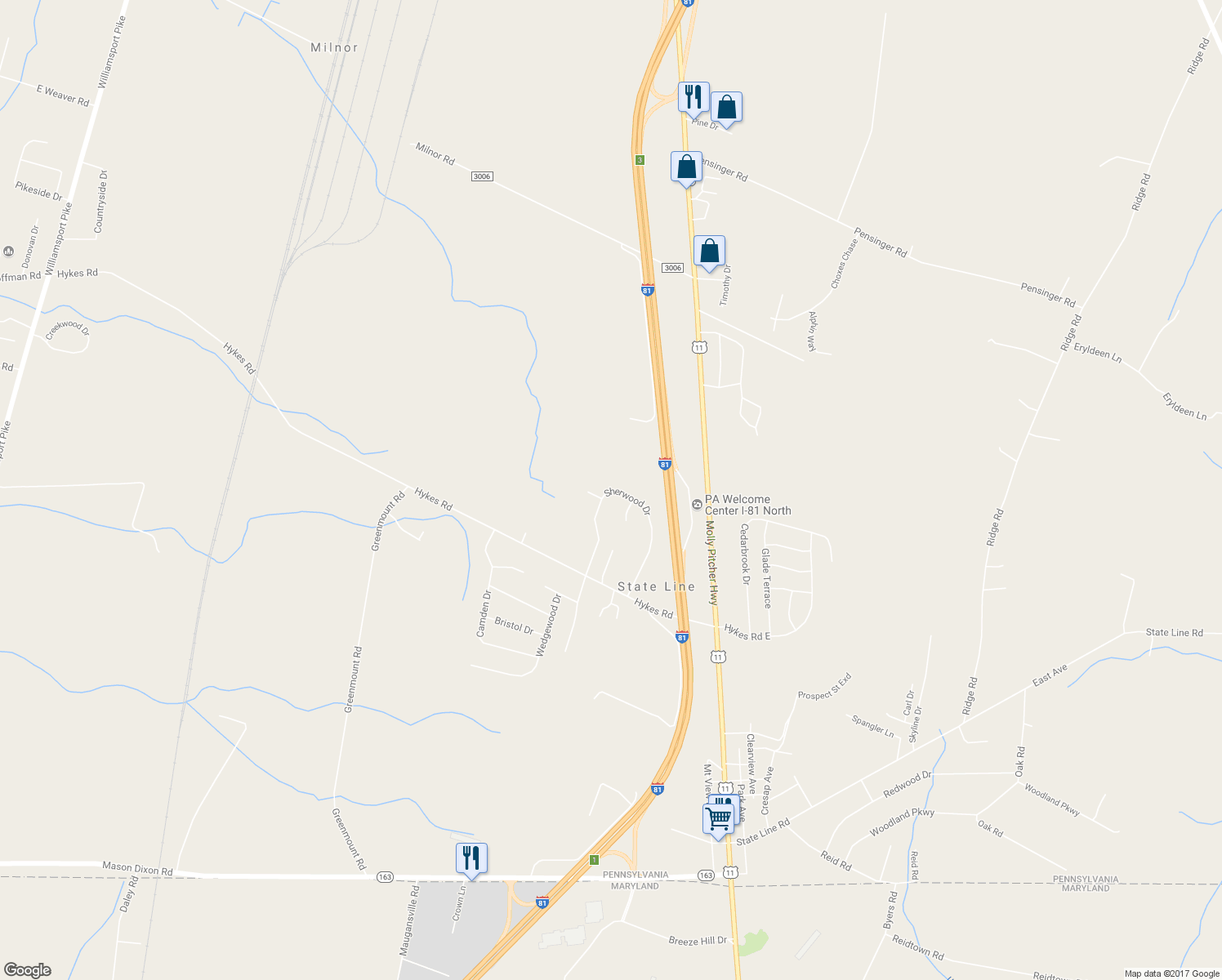 map of restaurants, bars, coffee shops, grocery stores, and more near 14752 Sherwood Drive in Greencastle