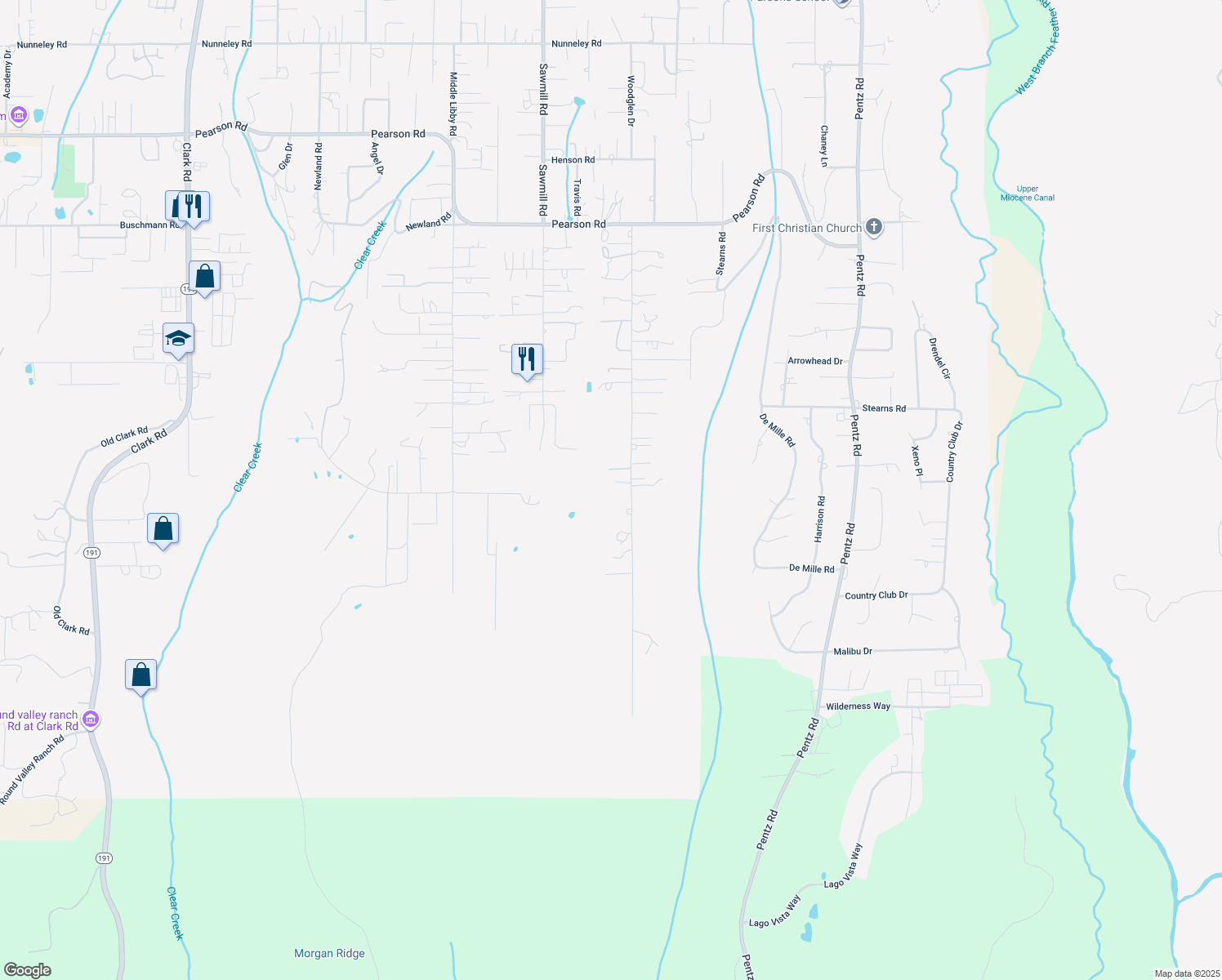 map of restaurants, bars, coffee shops, grocery stores, and more near 1576 Sunny Acres Road in Paradise