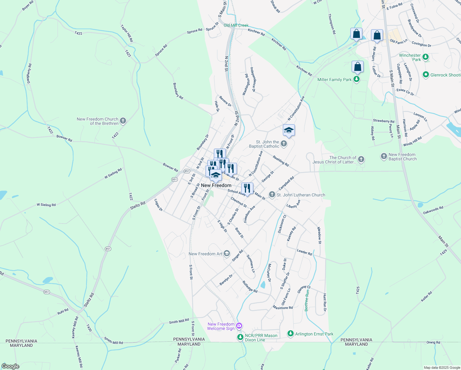 map of restaurants, bars, coffee shops, grocery stores, and more near 32 E Main St in New Freedom