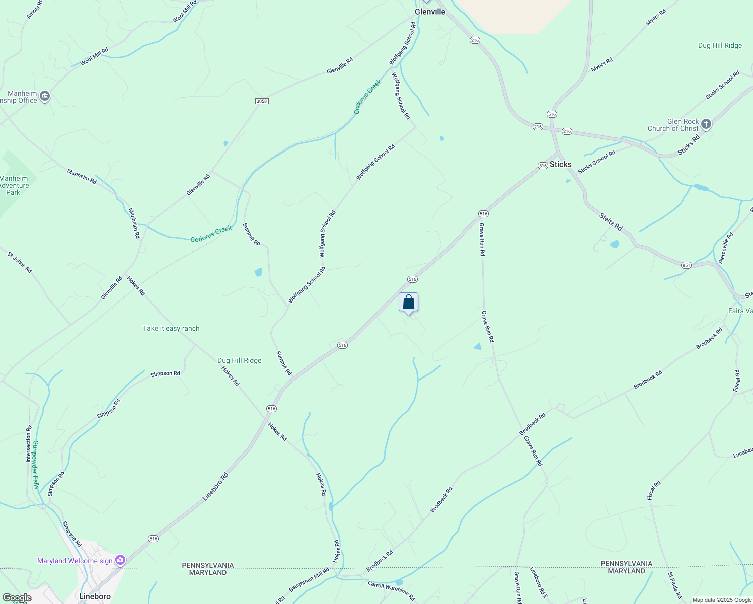map of restaurants, bars, coffee shops, grocery stores, and more near 6776 Lineboro Rd in Glen Rock