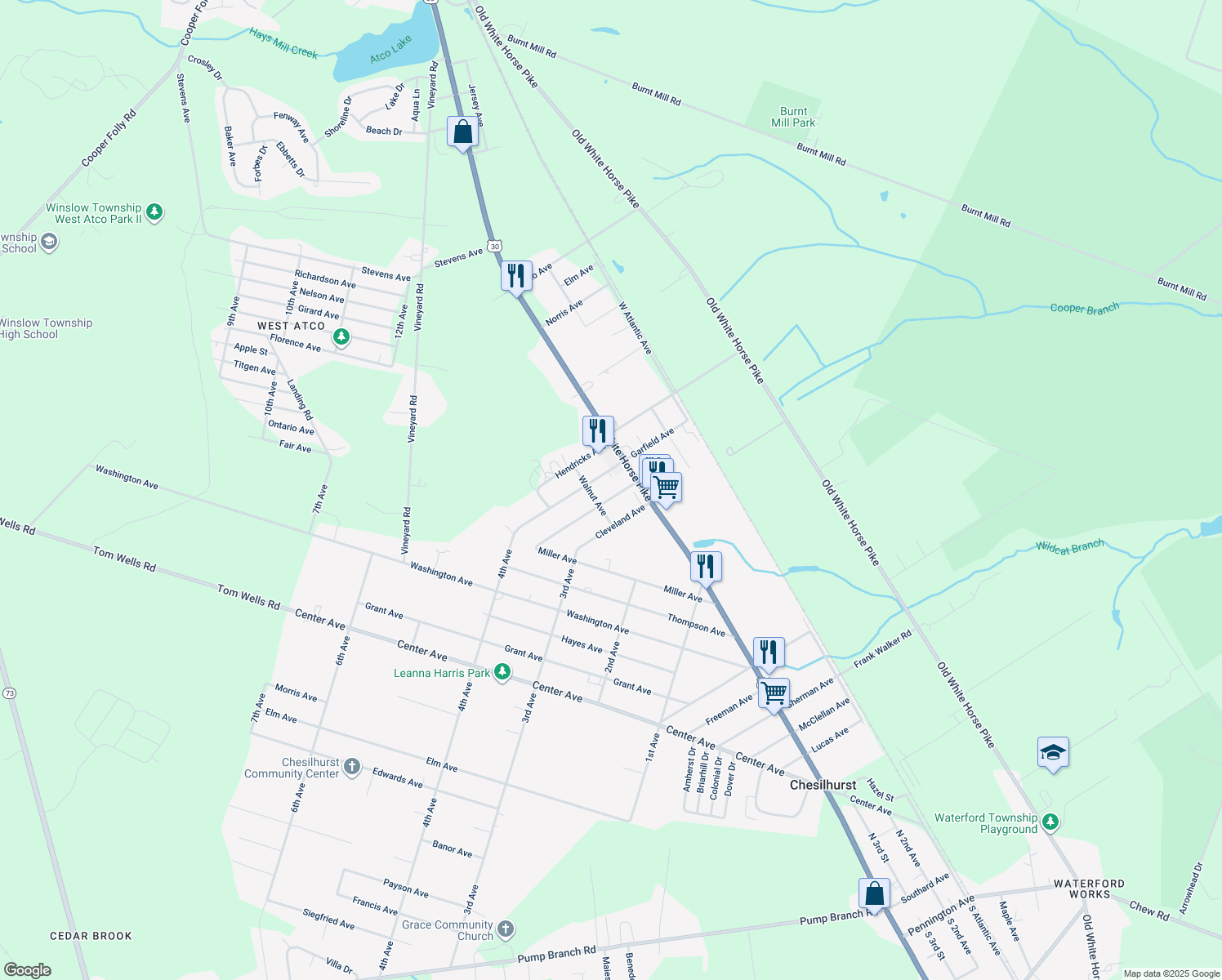 map of restaurants, bars, coffee shops, grocery stores, and more near 219 Arthur Avenue in Chesilhurst