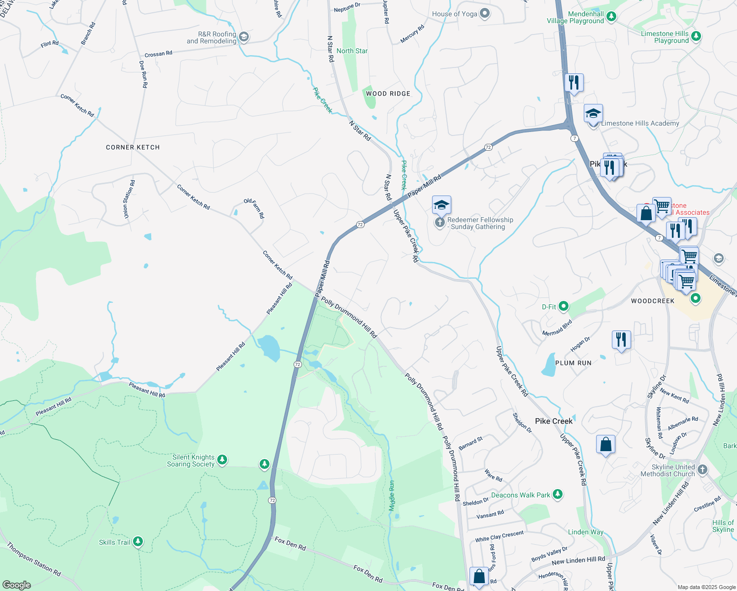 map of restaurants, bars, coffee shops, grocery stores, and more near 29 Morning Glen Lane in Newark