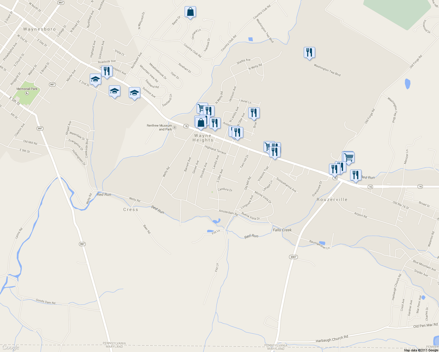 map of restaurants, bars, coffee shops, grocery stores, and more near South Oller Avenue in Waynesboro