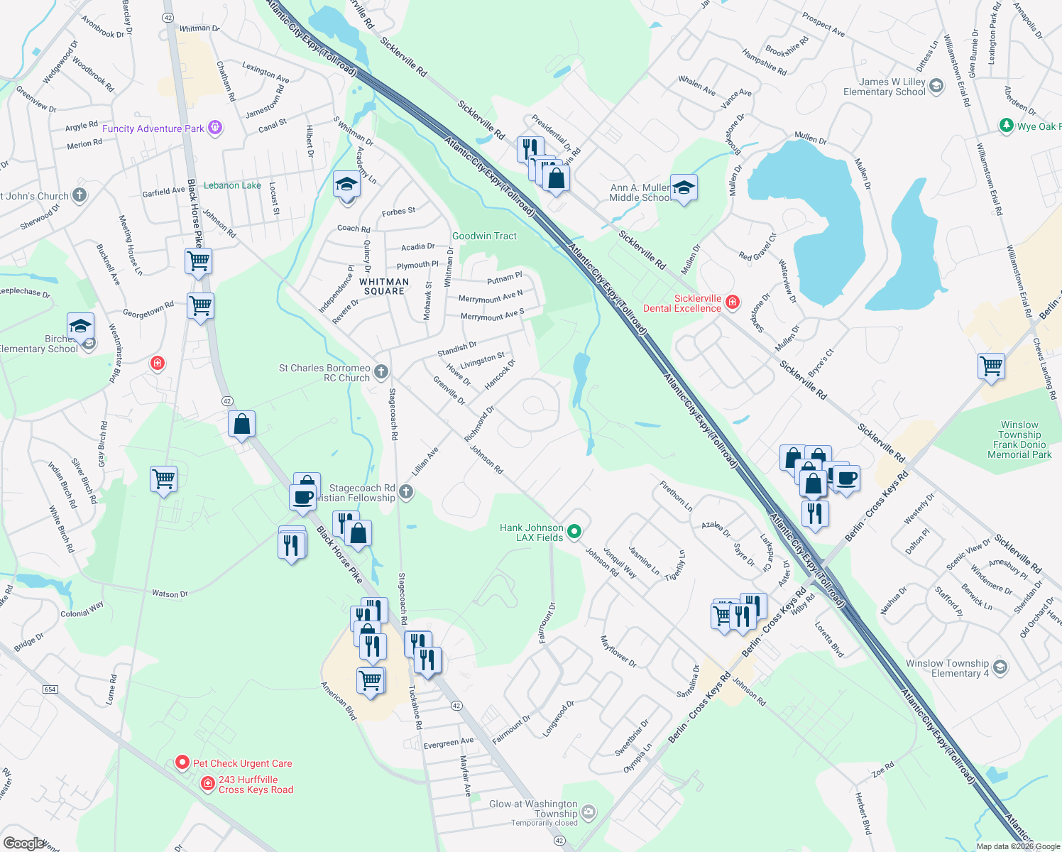 map of restaurants, bars, coffee shops, grocery stores, and more near 785 Richmond Drive in Sicklerville