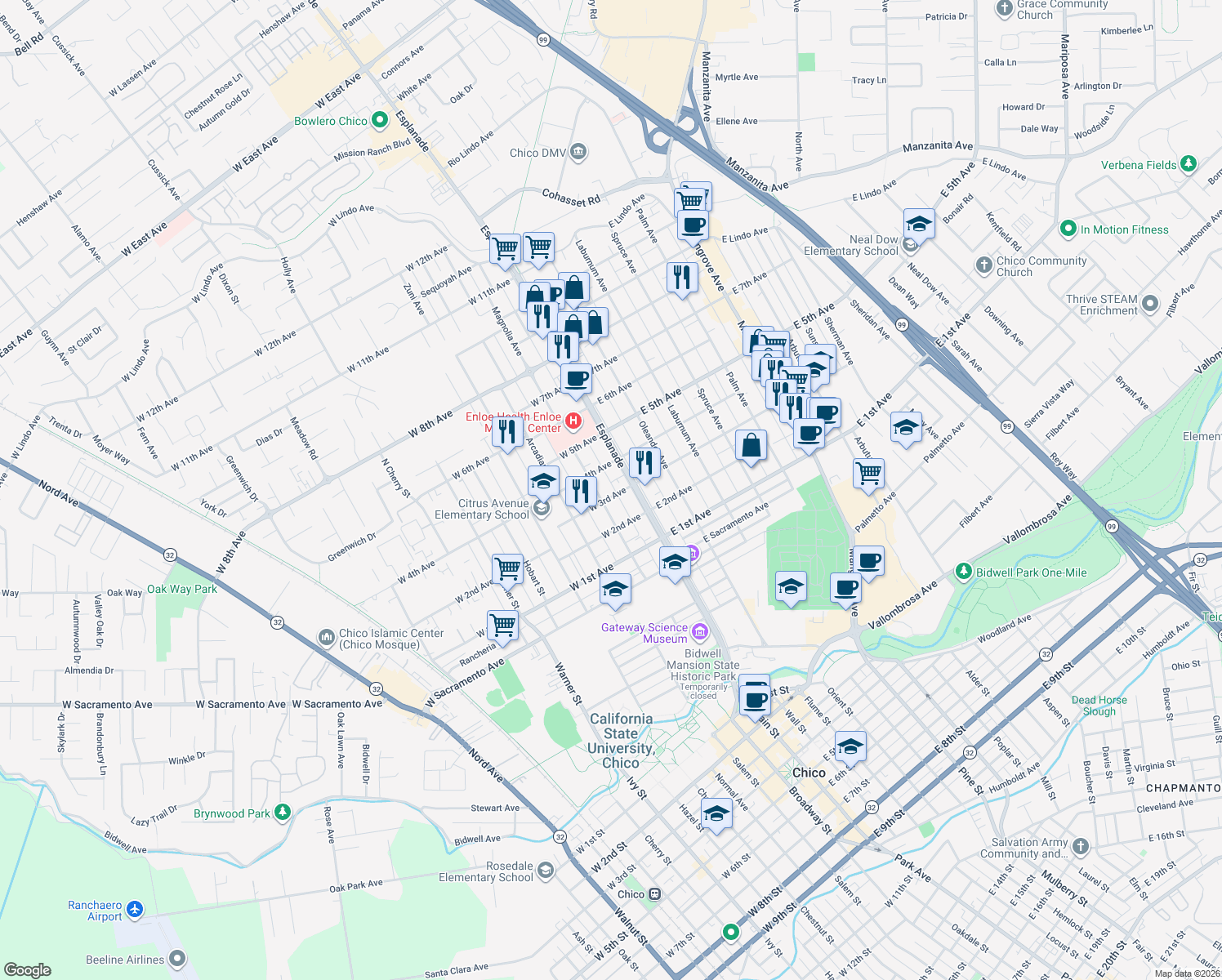 map of restaurants, bars, coffee shops, grocery stores, and more near 130 West 3rd Avenue in Chico