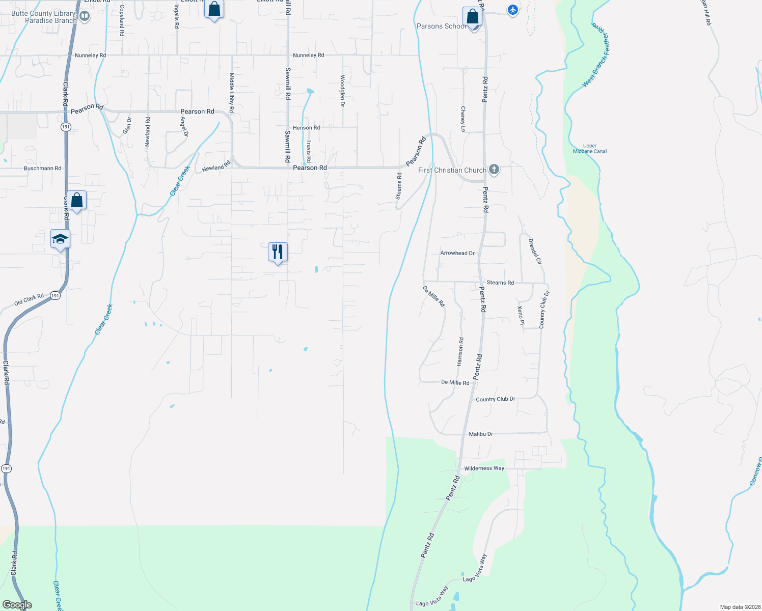 map of restaurants, bars, coffee shops, grocery stores, and more near 1634 Henderson Lane in Paradise