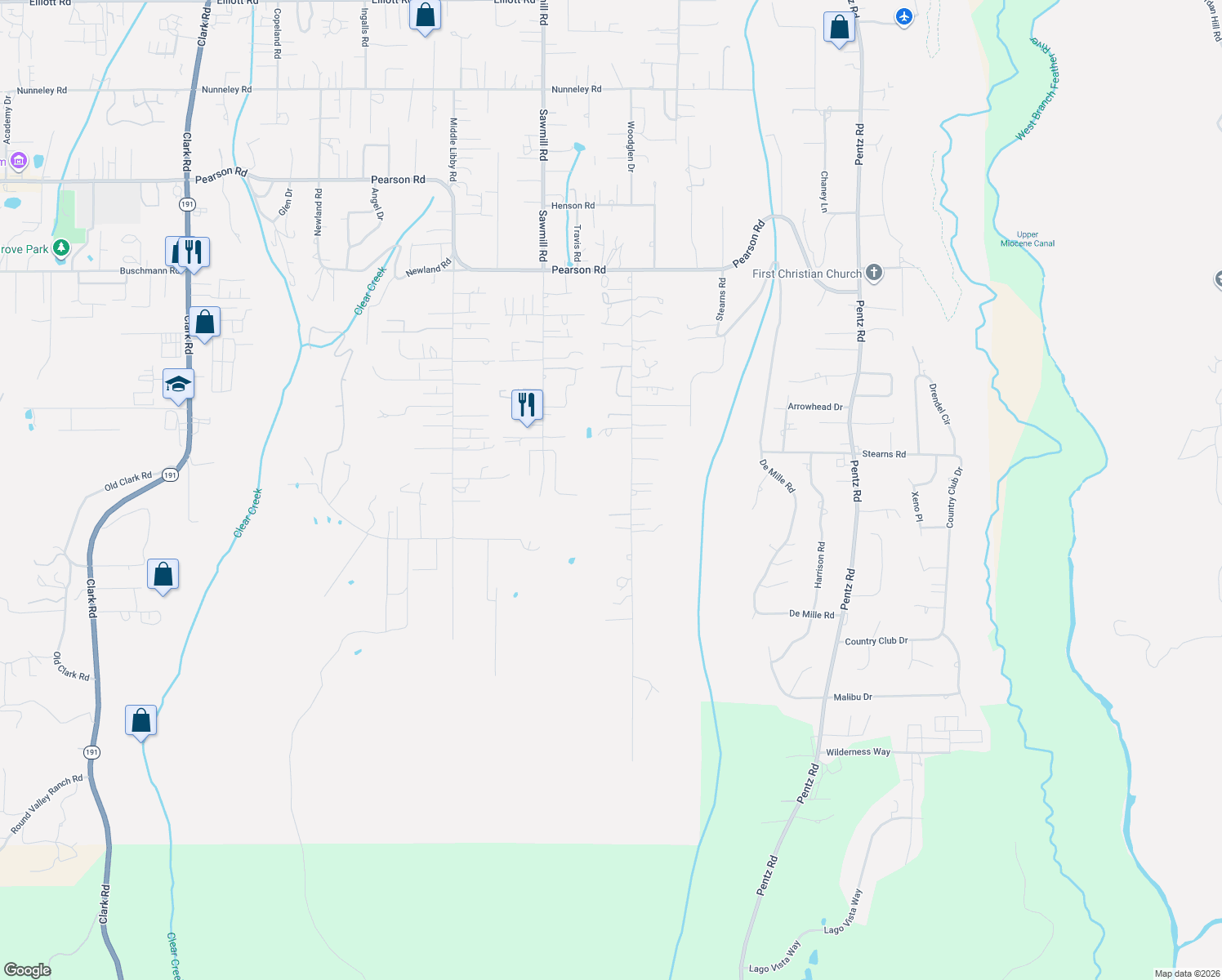 map of restaurants, bars, coffee shops, grocery stores, and more near 1575 La Grand View Road in Paradise