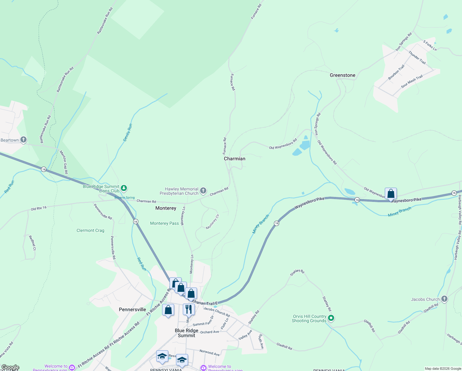 map of restaurants, bars, coffee shops, grocery stores, and more near 14946 Charmian Road in Blue Ridge Summit