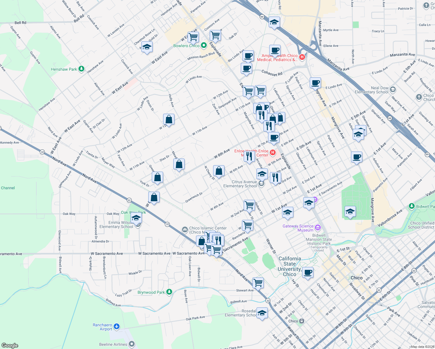 map of restaurants, bars, coffee shops, grocery stores, and more near 6 Smith Brothers Court in Chico