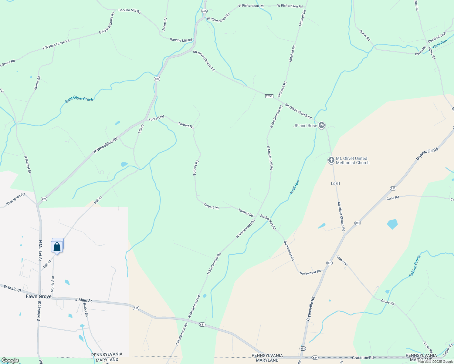 map of restaurants, bars, coffee shops, grocery stores, and more near 597 Torbert Road in Fawn Grove