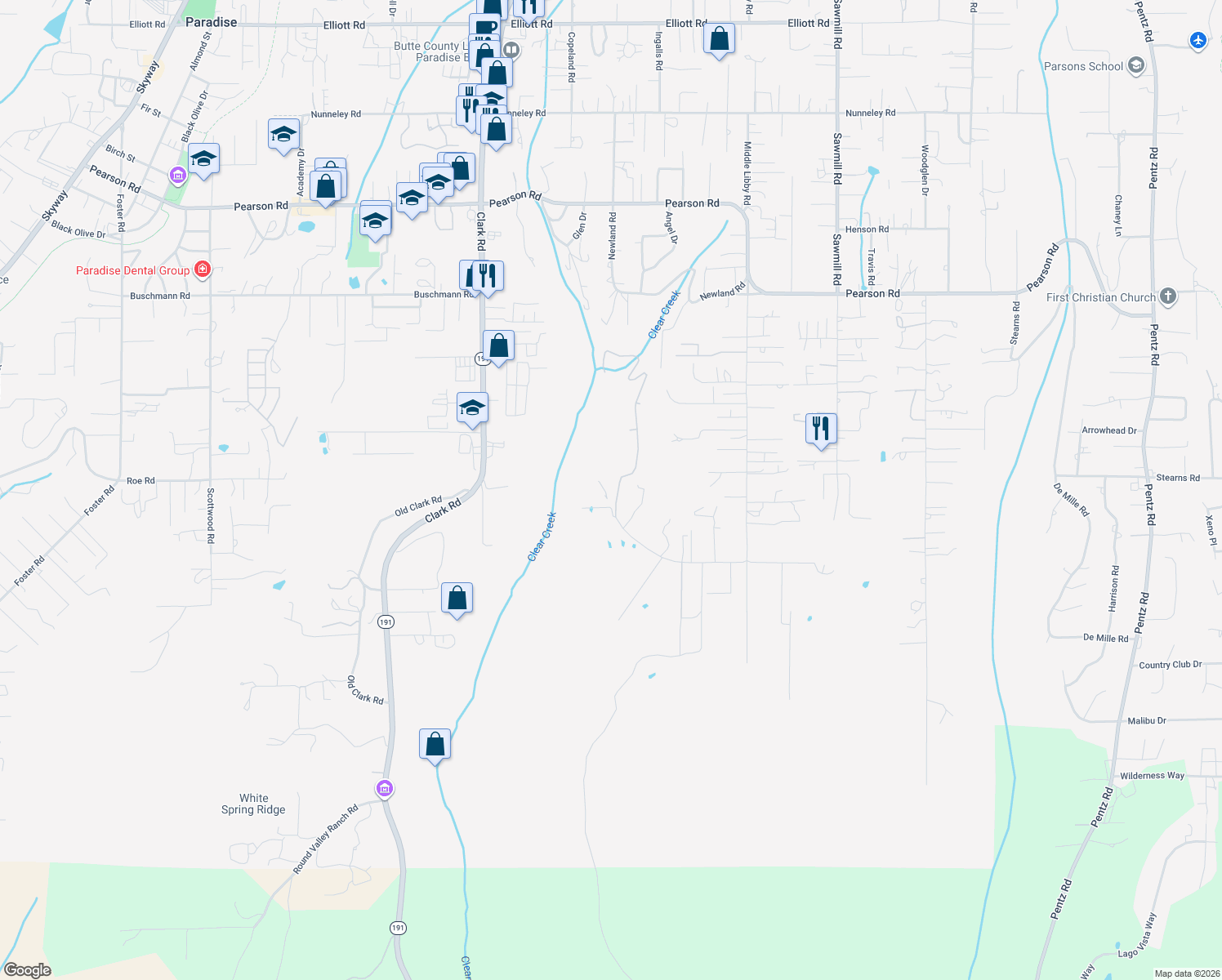 map of restaurants, bars, coffee shops, grocery stores, and more near 5195 Bennett Road in Paradise