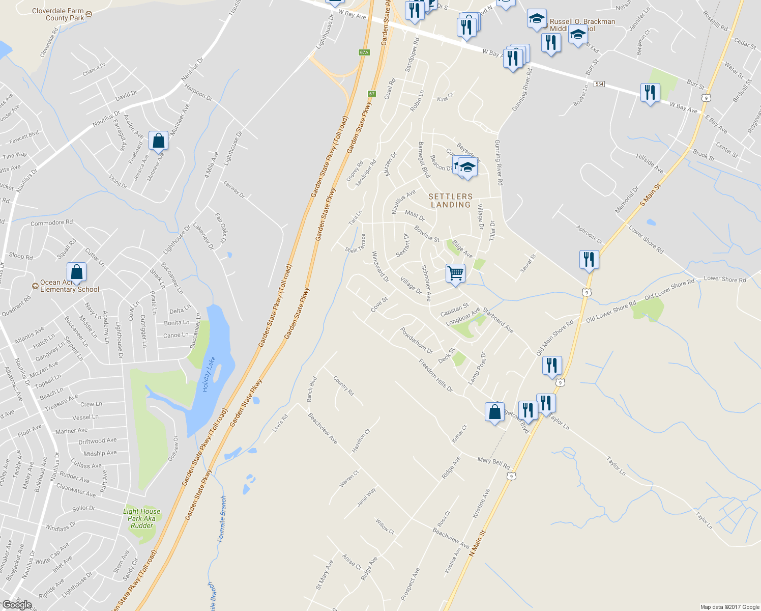 map of restaurants, bars, coffee shops, grocery stores, and more near 16 Cove Street in Barnegat Township