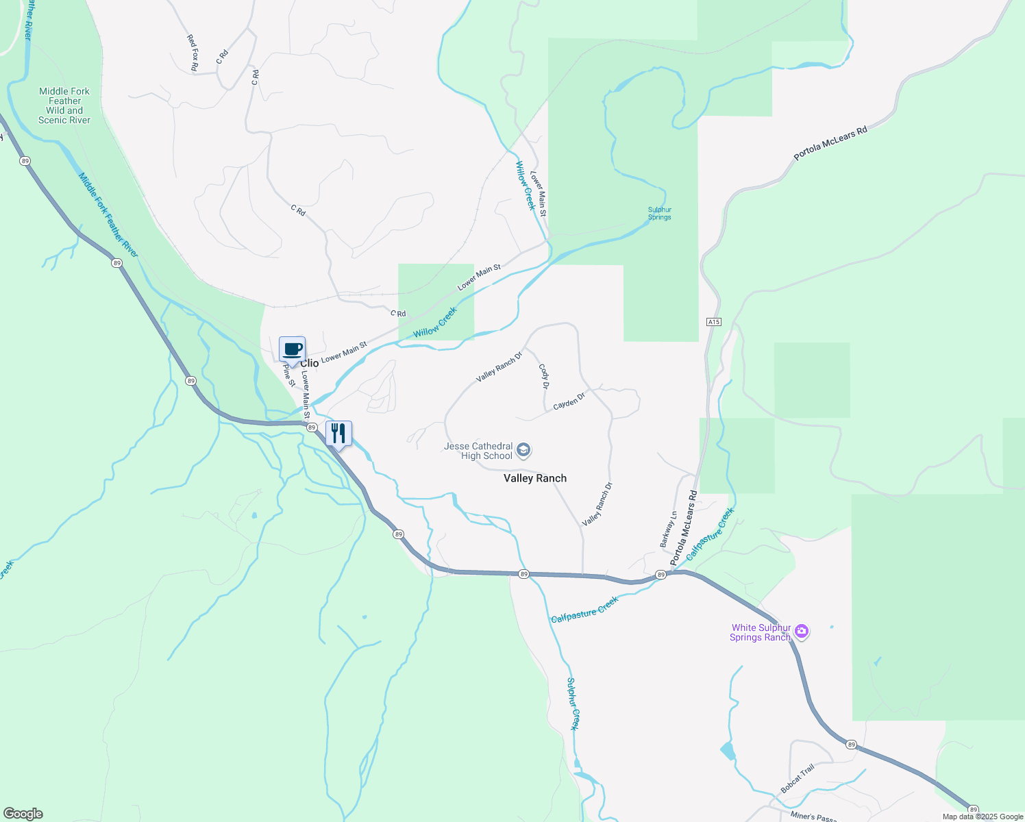 map of restaurants, bars, coffee shops, grocery stores, and more near 155 Cayden Drive in Portola