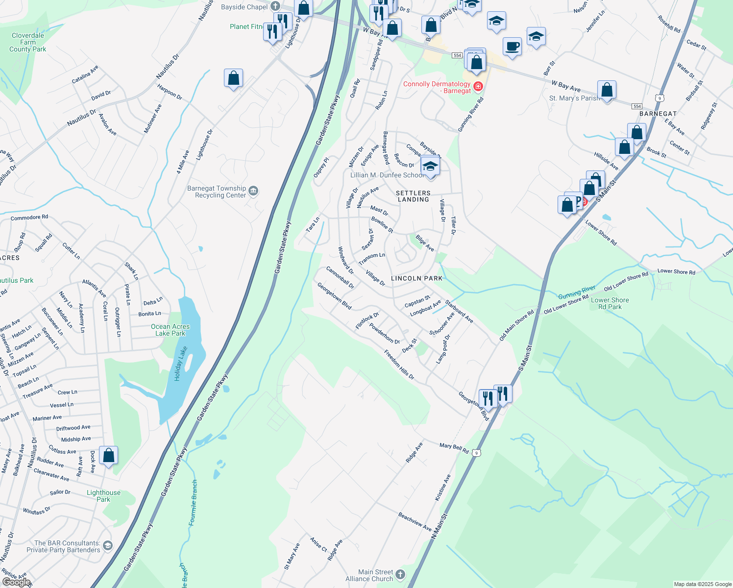 map of restaurants, bars, coffee shops, grocery stores, and more near 17 Hearth Court in Barnegat Township